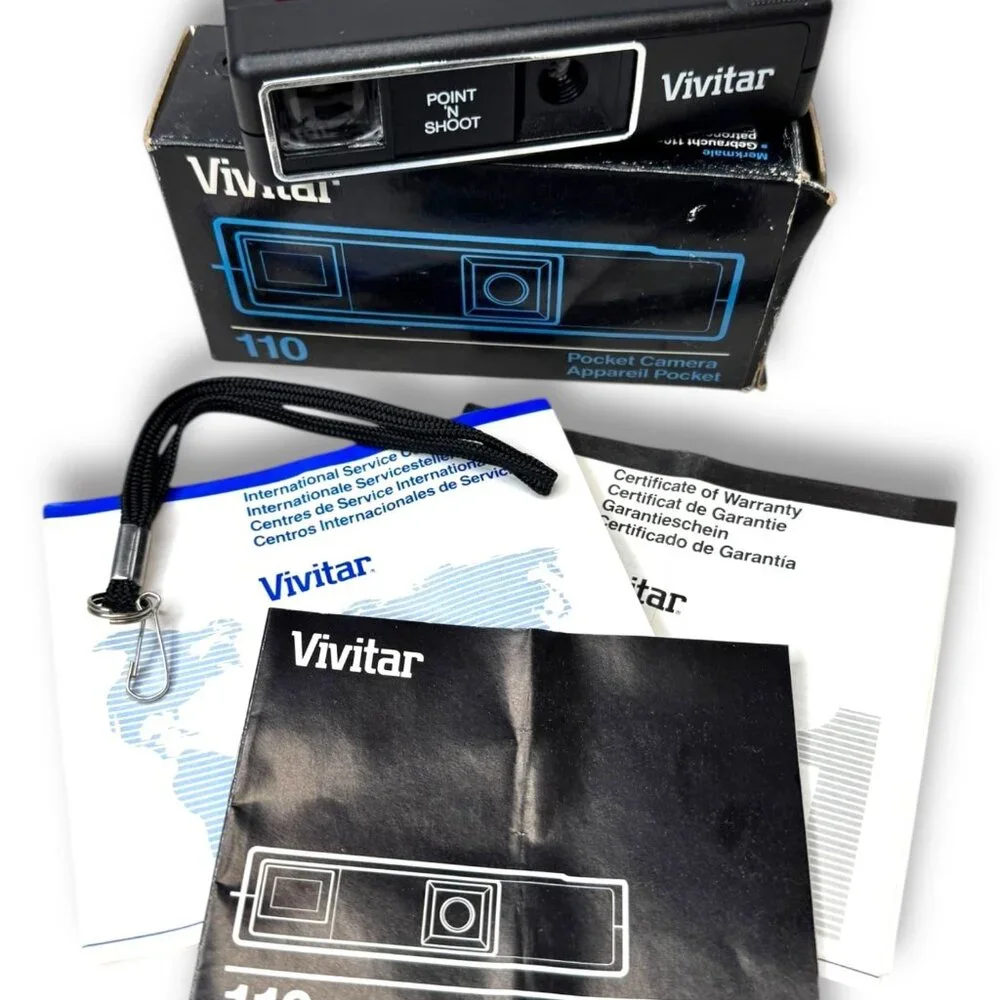 Vivitar Point ’N Shoot 110 Film Camera Box Manuals & Wrist Strap Vintage
